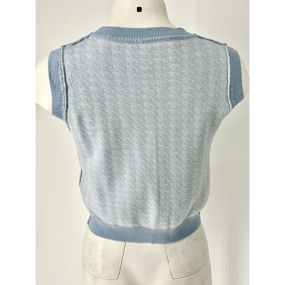 Women's Pastel Baby Blue Houndstooth cropped Sweater Vest Knit Small White - Picture 6 of 8